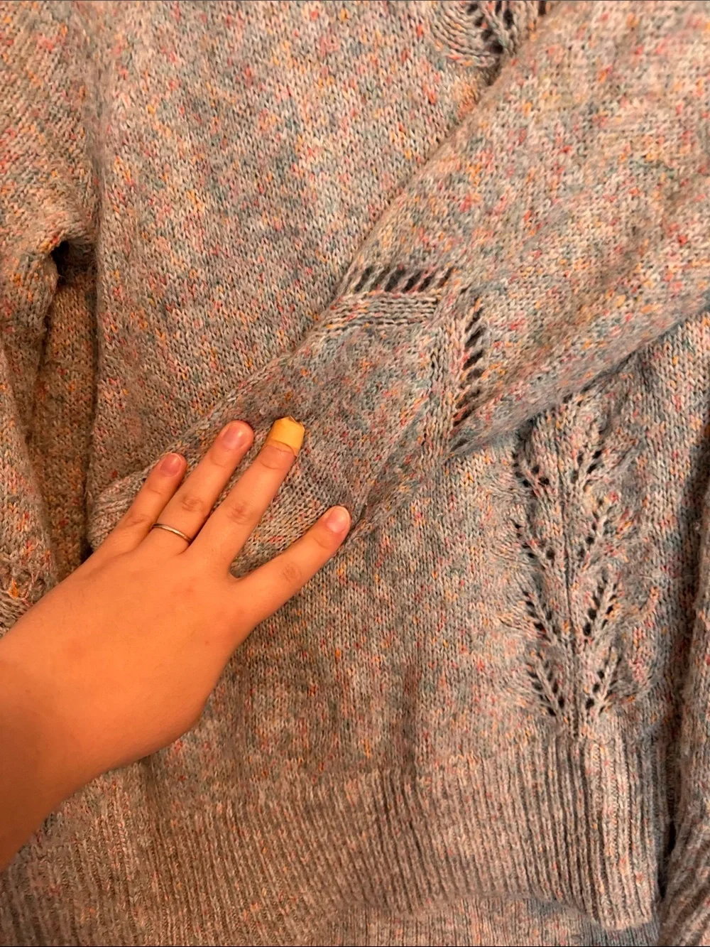 LOFT Speckled Light Gray Lace-Knit Crewneck Sweater